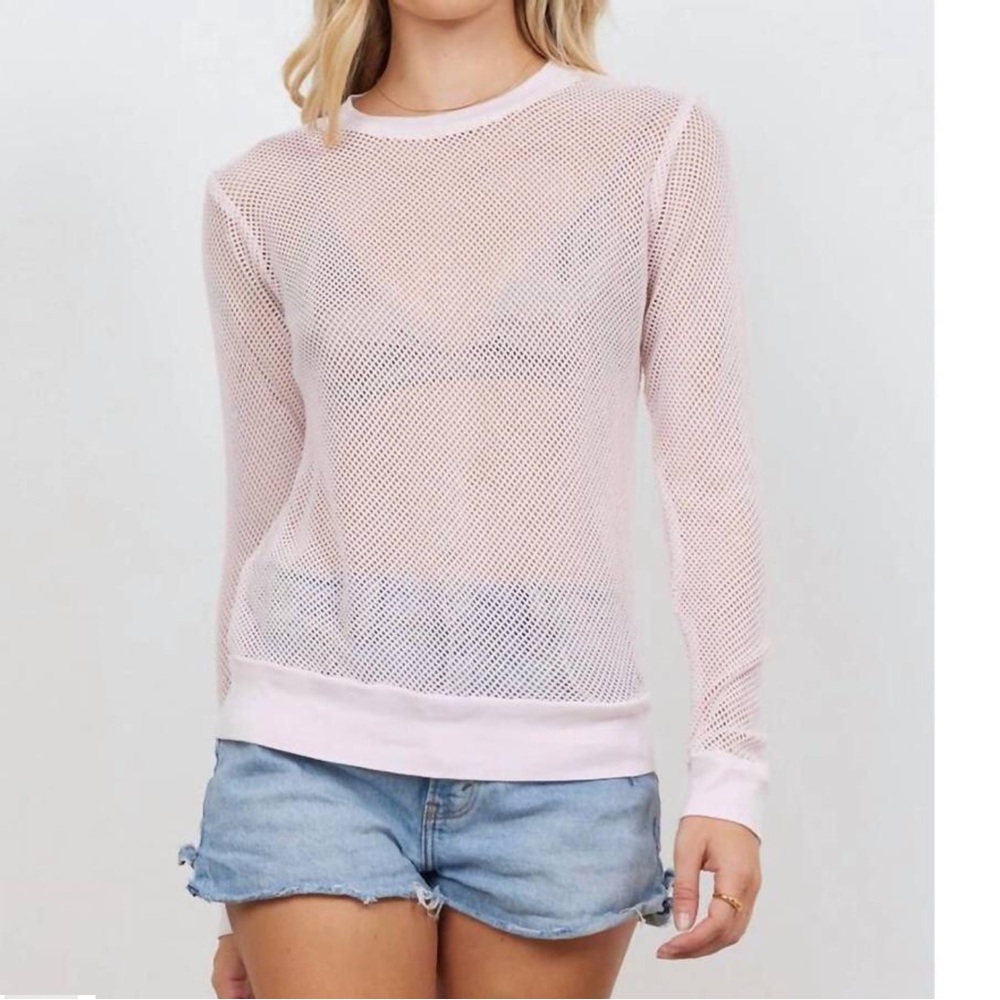 LAmade mesh open weave pullover top in white long sleeve.